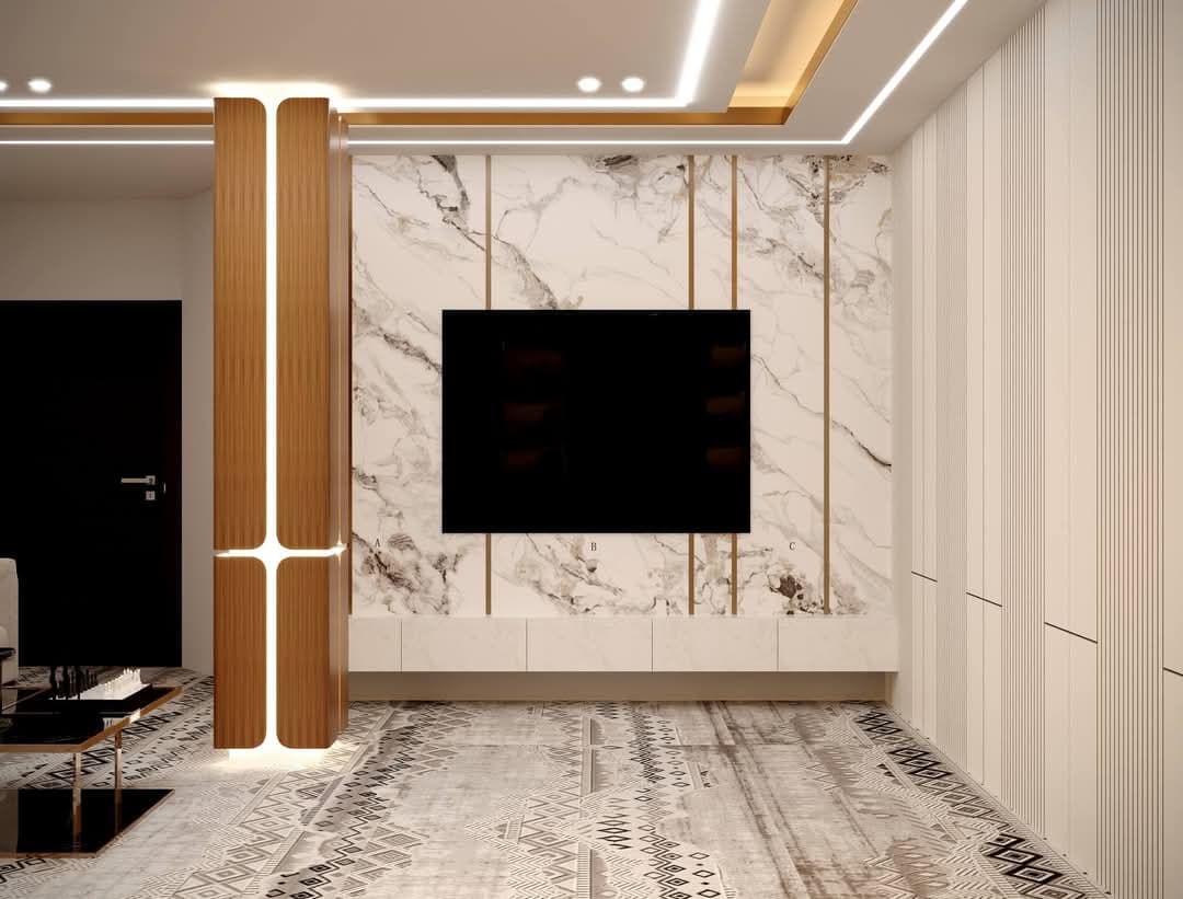 Marble-effect TV wall with brass inlays and fluted panels in an executive office