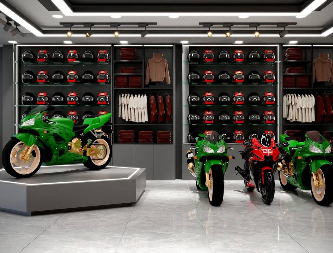 Motorbike Showroom – Helmet & Gear Wall